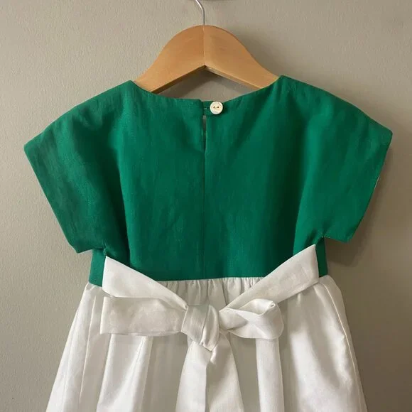 Handmade Children's Green White Linen Viscose Cotton Crochet Flower Dress - Picture 8 of 14